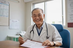 An elderly Chinese doctor in a clinic, smiling and holding a health report