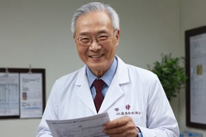 An elderly Chinese doctor in a clinic, smiling and holding a health report