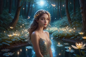 At night, beautiful woman with delicate features, facing the camera, Waist-up view, walks into a whimsical magical forest, fireflies, stars twinkling in the sky, moonlight reflecting magical flowers and trees, creek gently rippling and sparkling, ,aesthetic portrait, litter,BugCraft