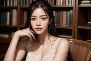 A woman sits elegantly in a chair, surrounded by the warmth of a studio-lit bookshelf. Soft focus blurs the background as her gaze meets the camera's. Her facial features are exquisite: long eyelashes frame her beautiful eyes, while her full lips curve into an understated smile. Warm color tones and natural lighting enhance the photorealistic portrait, showcasing every detail from her delicate skin to her intricate eye makeup. The image is a masterpiece of high-quality studio photography, reminiscent of 8K resolution.