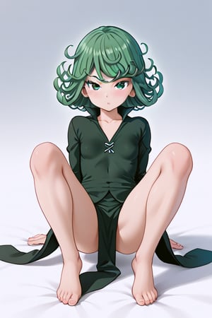 Tatsumaki, kneeling, (wariza:1.5), barefoot, sitting on the knees with legs spread apart, (knees joined together), (solo)