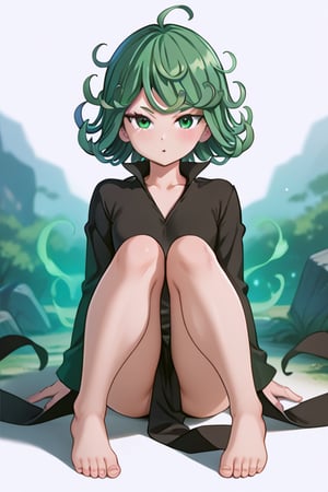Tatsumaki, kneeling, (wariza:1.5), barefoot, sitting on the knees with legs spread apart, (knees joined together), (solo)