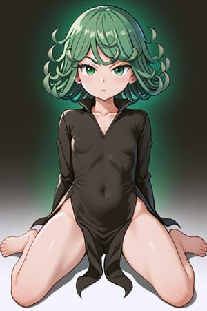 Tatsumaki, (kneeling sitting:1.5), (wariza:1.5), barefoot, sitting on the knees with legs spread apart, (knees joined together), (solo)