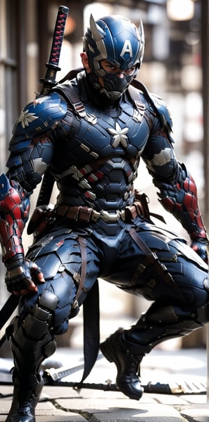 solo, 1boy, full body, weapon, male focus, sword, armor, blurry, bodysuit, mask, blurry background, squatting, katana, sheath, sheathed, japanese armor, one knee, superhero, weapon on back, captain america 
web print