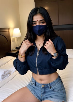 Beautiful Cute Young Attractive Indian Teenage Girl, Village Girle, 18 Years Old, cute, Instagram Model, Long Black_Hair, colourful Hair, Warm, Dancing, Cute Smiling, sitting In hotel bed and one hand keeping bed one hand on face mask , Wearing The Crop Top And Blue Jeans jacket and shorts, wearing The Watch, Indian, colored nails, 