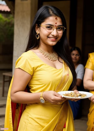 Beautiful Cute Young Attractive Indian Teenage Girl, Village Girle, 18 Years Old, cute, Instagram Model, Long Black_Hair, colourful Hair, Warm, Dancing, Cute Smiling, Marathi girl wearing yellow dress , A plate of worship is held in one hand, wearing diamond necklace, wearing Watch , Indian, colored nails, Bembi is showed, wearing vision glasses, 