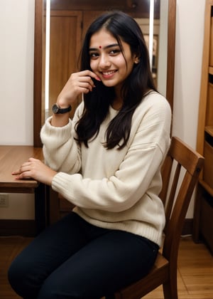 Beautiful Cute Young Attractive Indian Teenage Girl, Village Girle, 18 Years Old, cute, Instagram Model, Long Black_Hair, colourful Hair, Warm, Dancing, Cute Smiling, sitting In wooden chair and looking into the mirror  , Wearing The winter sweater , wearing The Watch, Indian, colored nails, 