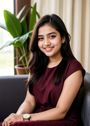 Beautiful Cute Young Attractive Indian Teenage Girl, Village Girle, 18 Years Old, cute, Instagram Model, Long Black_Hair, colourful Hair, Warm, Dancing, Cute Smiling, sitting In hotel sofa  , Wearing The maroon dress , wearing The Watch, Indian, colored nails, 