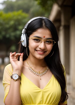 Beautiful Cute Young Attractive Indian Teenage Girl, Village Girle, 18 Years Old, cute, Instagram Model, Long Black_Hair, colourful Hair, Warm, Dancing, Cute Smiling, Marathi girl wearing yellow dress ,wearing diamond necklace, wearing Watch , Indian, colored nails, Bembi is showed, wearing vision glasses, wearing The headphones, 