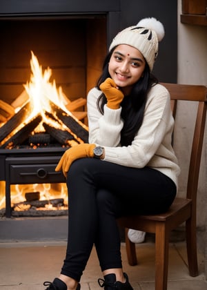 Beautiful Cute Young Attractive Indian Teenage Girl, Village Girle, 18 Years Old, cute, Instagram Model, Long Black_Hair, colourful Hair, Warm, Dancing, Cute Smiling, ,A girl sitting in chair while burning the fire , wearing Winter Sweater and cap, hand gloves , wearing Watch And Long Shoes, Indian, colored nails, 