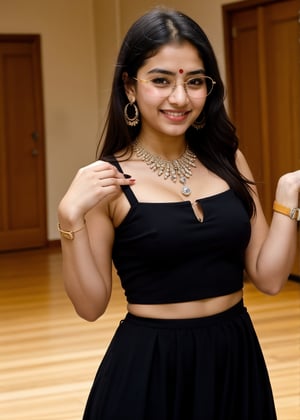 Beautiful Cute Young Attractive Indian Teenage Girl, Village Girle, 18 Years Old, cute, Instagram Model, Long Black_Hair, colourful Hair, Warm, Dancing, Cute Smiling, The same pink dress rolling on the floor, her bare stomach, her waist belt around her waist, the small nose stud, the earrings in her ears, diamond necklace, wearing Watch , Indian, colored nails, Bembi is showed, wearing vision glasses, 