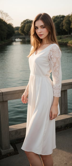 Generate hyper realistic image of a woman with long, flowing blonde hair, wearing a dress with sleeves past her wrists. It's nighttime, and her striking green eyes catch the light. Her cheeks are adorned with a delicate blush, accentuating her pale skin. She stands gracefully on a bridge, showcasing her dress and the elegant curves of her body