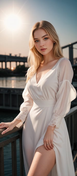 Generate hyper realistic image of a woman with long, flowing blonde hair, wearing a dress with sleeves past her wrists. It's nighttime, and her striking green eyes catch the light. Her cheeks are adorned with a delicate blush, accentuating her pale skin. She stands gracefully on a bridge, showcasing her dress and the elegant curves of her body