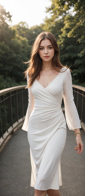 Generate hyper realistic image of a woman with long, flowing blonde hair, wearing a dress with sleeves past her wrists. It's nighttime, and her striking green eyes catch the light. Her cheeks are adorned with a delicate blush, accentuating her pale skin. She stands gracefully on a bridge, showcasing her dress and the elegant curves of her body