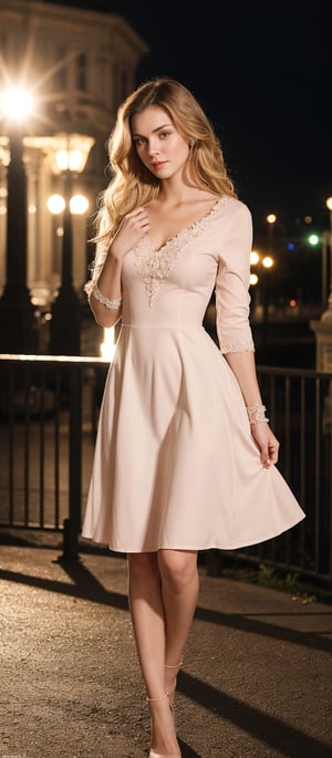 Generate hyper realistic image of a woman with long, flowing blonde hair, wearing a dress with sleeves past her wrists. It's nighttime, and her striking green eyes catch the light. Her cheeks are adorned with a delicate blush, accentuating her pale skin. She stands gracefully on a bridge, showcasing her dress and the elegant curves of her body