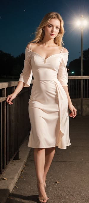 Generate hyper realistic image of a woman with long, flowing blonde hair, wearing a dress with sleeves past her wrists. It's nighttime, and her striking green eyes catch the light. Her cheeks are adorned with a delicate blush, accentuating her pale skin. She stands gracefully on a bridge, showcasing her dress and the elegant curves of her body