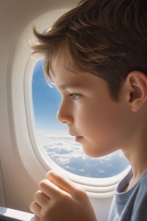 A serene moment captured: A youthful boy settles comfortably on a narrow airplane window seat, lost in contemplation of the endless canvas of soft white clouds drifting lazily by. Warm sunlight through the window illuminates his radiant face, accentuating his bright eyes and tousled hair as he drinks in the majestic view.