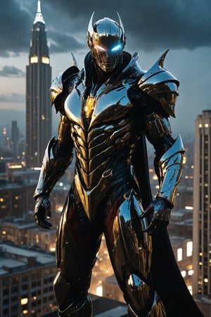 A futuristic super hero stands tall, full-body portrait in polished chrome armor with intricate gold and burgundy accents. Glowing blue eyes pierce through the darkness, illuminating a cityscape at dusk. Craig Mullins and H.R. Giger's character design brings forth a sense of otherworldly strength. Realistic digital painting captures every detail, from the armored suit to the subject's determined pose. Cinematic lighting highlights the hero's figure against a misty blue-gray sky, as if suspended in mid-air. A 4K resolution masterpiece, this portrait embodies the essence of futuristic super heroism.