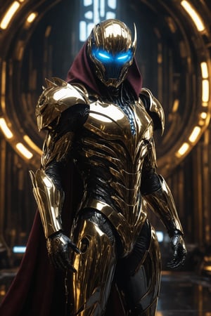 Full body portrait, Futuristic Super Hero,  wearing mask, in polished chrome armor with glowing blue eyes, gold and burgundy accents, unknown materials, realistic detailed digital painting, cinematic lighting, fantasy, character design by Craig Mullins and H. R. Giger, 4k resolution,futuristic super hero