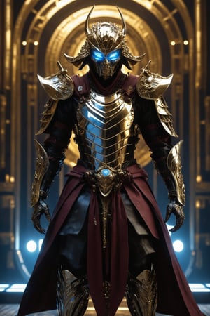 Full body portrait, Futuristic Super Hero, Samurai-like mask, in polished chrome armor with glowing blue eyes, gold and burgundy accents, unknown materials, realistic detailed digital painting, cinematic lighting, fantasy, character design by Craig Mullins and H. R. Giger, 4k resolution,futuristic alien