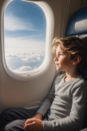 A young boy sits comfortably on a narrow window seat aboard an airplane, gazing out at the vast expanse of fluffy white clouds drifting lazily by. The sunlight streaming through the window casts a warm glow on his eager face, highlighting his bright eyes and tousled hair as he takes in the breathtaking view.