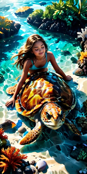 (enormous sea turtle)(beautiful young girl)(Turtle shell with fine details)(Aerial view of the sea)(aerial camera view)
breathtaking view of a picturesque scene. A beautiful young girl sleeps on the back of an enormous sea turtle, with her eyes closed. The pristine waters offer a glimpse of the vibrant underwater world brimming with tropical fish and coral reefs, creating a romantic and vivid ambiance that enchants the senses.

inspiring beauty. The azure waters glisten with crystal clarity, allowing a mesmerizing view of the ocean floor below. Sunlight penetrates the depths, illuminating the diverse marine life and casting a magical glow on the surroundings.