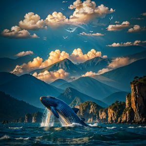 (a giant blue whale soaring through the sky)
A majestic blue whale breaches the sky, its massive body undulating as it soars above the cinematic ocean landscape, bathed in dramatic golden light. The atmosphere is filled with flowing water effects and wispy clouds, creating a stunning scenery that evokes a sense of wonder. The whale's enormity is emphasized by the vast expanse of blue waters below, where gentle waves lap against the shore. Focus on the whale's majestic form as it pierces the sky, its fins glistening in the sunlight.