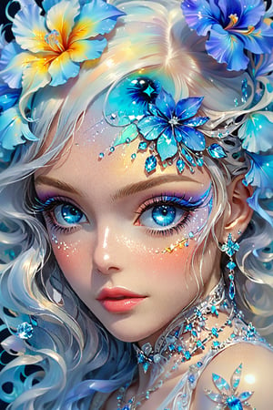 (Beautiful girl.) Fractal iris, fantasy beauty, bio chemiluminescence iris, art nouveau, bright colors, kaleidoscope, and prism effects, abstract art, calligraphy patterns, artistic lettering, beautiful scripts, penmanship, visual poetry, cultural, Realistic Blue Eyes, DonMM3l4nch0l1cP5ych0XL, Close-up of her eyes.
Melting pigments, falling colors, vivid, colorful, fantasy, oil on canvas, Dripping paint.
crystal flower. rococo.