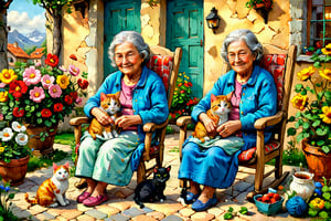 (Kind and Happy Grandma) Grandma is sitting in a rocking chair with a sleeping cat by the foot of the chair.
A serene scene unfolds in the quaint village courtyard: a kindly grandmother gently rocks in her chair, knitting a warm sweater. her granddaughter, a studious little girl, intently draws beside her. Soft golden light casts a dreamy atmosphere, enveloping the pair amidst lush greenery and blooming flowers.