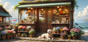 create something no one would expect.
(A flower shop)(cute sleeping dog)(sea view) A flower shop with a view of the sea, devoid of people, featuring a sleeping dog adding to the warm and cute atmosphere. The weather is sunny with seagulls flying in the distance. The flower shop is a wooden house with an awning and flower display racks, depicted in a vintage, nostalgic, Japanese cartoon style. The scene feels like an inviting flower shop flyer, evoking a sense of charm and tranquility. CuteStyle. by Conrad Roset, Pino Daeni, Jeremy Mann, Alex Maleev, 16k resolution, alexander mcqueen, John William Waterhouse Rudolf hausner, daniel f. Gerhartz, watercolor,shuicaixiaodian