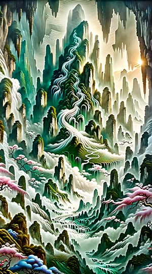(ultra detailed, ultra highres), (masterpiece, top quality, best quality, official art :1.4), (high quality:1.3), cinematic ink wash painting depicting a paradise in a Xianxia world. The scene features a mist-covered mountaintop blooming with a myriad of flowers, steep cliffs, and cascading waterfalls. A gigantic mythical beast can be seen swirling in the air among the mountains and clouds. The artwork conveys an ethereal, otherworldly beauty, capturing the essence of a hidden, magical realm.,more detail XL,nodf_xl,island,BugCraft,style