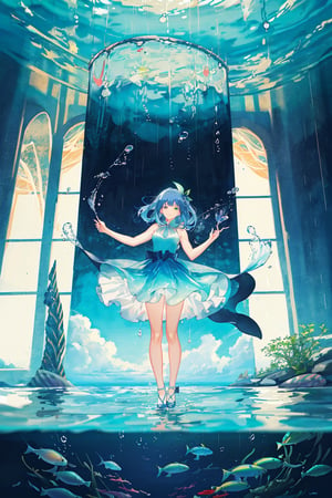 In a majestic glass house, where transparent walls harmonize with the ocean's serenity, a petite girl with vibrant blue curls stands at the edge of the vast window. Her slender hand delicately presses against the cool glass as she gazes in wonder at the mesmerizing raindrops. Each droplet dances and swirls into whimsical shapes, refracting light and casting tiny rainbows across her upturned face.

The underwater world outside is a kaleidoscope of blues and greens, with the beautiful whale's shadow looming. As the sunlight filters through the glass, it casts an ethereal glow on the scene below, where schools of fish dart and seaweed sway in harmony with the ocean's rhythms.

lost in the magic of the rain-kissed glass and the secrets of the sea.
(Fantasy painting, delicate anime, overhead scene, solo girl.)(Delicate, glistening droplets of water.)