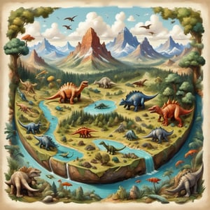 An illustration of a micro-world in a Delicate and realistic style. Depicts an imperial landscape where dinosaurs and people live together. The scene is a miniature artwork, resembling Pocket art that began as a game played by the German court nobility in the 16th century, and later spread from Holland to England, where it flourished and then spread to the United States and Canada.

details and cozy elements that create a charming and inviting atmosphere.
(micro-world)(Dinosaur Empire)(Pocket art)