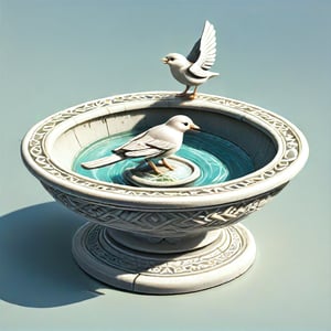 The image depicts a bird bath, which is a structure designed to provide water for birds to drink or bathe in. The bird bath is ornately decorated with patterns that resemble embossing or engraving, giving it an antique appearance. It is colored in a stone-white, suggesting it may be made of stone. The bowl of the bath contains water, and it's filled with rounded pebbles at its base, which could serve as a stable surface for birds. A bird is perched on the edge of the bath, indicating the function of the object. 
(European Fountain, Artwork, Renaissance, Sculpture. cute birds.)
(isometric, miniature, tilt shift, Th3Dru1d5.) birds are bathing.
