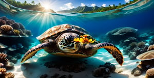 (enormous sea turtle)(beautiful)( fine details)