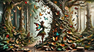 Photorealistic forest landscape with towering, densely packed tree trunks in an autumnal setting. The tree trunks have cracked bark, and there is a graceful woman with butterflies all over her body, camouflaged in colors and textures similar to the forest, like a chameleon. She is visible but also blends in with the chaos. high resolution and contrast and colour contrast,  intricately textured and extremely subtle detailed, detailmaster2,  side-light,  ultra quality,  fine artwork ,more detail XL,ULTIMATE LOGO MAKER [XL],Fairy
