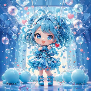 Cute petite girl wearing a chocolate-themed outfit with a blue-colored plaid shirt. Cute giggle. Cute smile with hands slightly blocking her mouth, shy and happy. Lots of love icons popping up around her. heart-shape bubbles.

(solo girl)(whole body,  full_body)
Looking at the viewer, frontal portrait, lively movements. Chibi character. Cute cartoon character with a large head and small body.
(official art, Intricate details. Use more blue tones, anime style, cute and romance, Chaos. Additional details. Looking at the camera, chibi.)

background: A wide-angle shot of the disco ballroom's gleaming floor and ceiling.