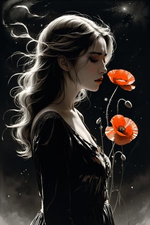 inquirer, coquelicot, beautiful woman, sorrowful expression, faded elegance, poignant atmosphere, lost beauty, melancholic aura, hauntingly captivating, timeless grief, stark contrast, delicate decay, line art, backlighting, wind, backlighting, stardust,(wind:1.2)