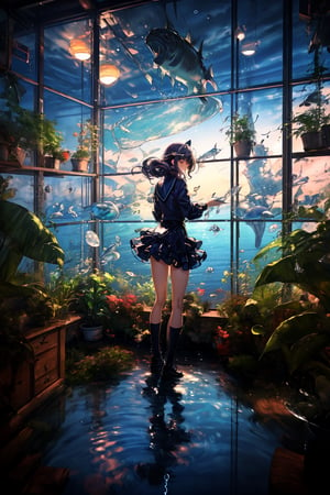 In a huge glass house. 
A girl with long blue curly hair stood before the enormous glass window. Touching the glass, the detailed hand.
Her adorable face pressed against the cool surface, gazing joyfully outside. Her eyes sparkled with delight as she focused intently on the water drops that fell on the window and flowed down in tiny streams. 

Behind the girl, the reflection on the floor transition into a full-fledged underwater scene
A giant shadow shimmering with the changing light, belong to the whale swim outside the window , loomed over her whole body.

ocean world outside the glass house.
the raindrops dance and swirl into fantastical shapes. 

(Fantasy painting, delicate anime, overhead scene, girl protagonist, solo girl.)(Delicate, glistening droplets of water.)