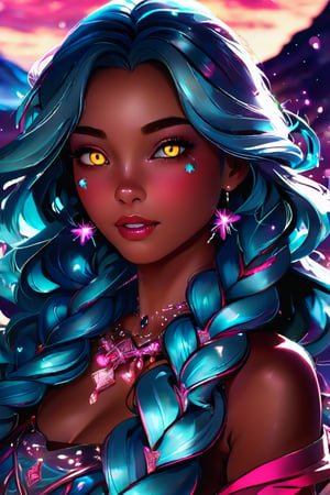 Best quality, 4K, 8K, high-resolution, masterpiece, ultra-detailed, photorealistic, a close up of a woman's face with turquoise and teal hair, glowing eyes, and lots of glitter, 1girl, long hair, yellow eyes, jewelry, turquoise hair, blurry, eyelashes, lips, colored skin, depth of field, braided hair, mountain background, portrait, gem, aqua skin