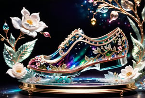(Glass Slipper)(product display)(no human)(no model)
a close-up of a glass shoe on a display, glass flowers, high-quality product image, coral reef, flora and fauna, cosmic nebula, dark background, Christian Dior style, with frozen flowers around it, stunning-design, beautiful, side profile artwork, glass paint, multicolored, displayed, backlight, glitter.
Elegant style, with fairy tale elements on it. Unidentified Aurora Borealis Background