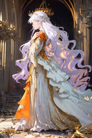 The story, a weeping and praying fairy princess ((Side view)), ((full body)), attractive and pure eyes, golden eyes, delicate features, slightly dirty and messy hair, flowing long hair, glistening tears, dramatic lighting, platinum and light purple hair reflecting light, Mucha style, mural, traces of war, early morning. An abandoned medieval European-style royal palace hall in ruins. The scene depicts crumbling pillars, tattered tapestries, broken chandeliers, and overgrown vegetation reclaiming the space. Sunlight filters through shattered stained glass windows, casting eerie yet beautiful patterns on the dilapidated walls and floor, evoking a sense of ancient grandeur lost to time. elaborate scene style, glitter, realistic style, 8k, exposure blend, medium shot, bokeh, (hdr:1.4), high contrast, (cinematic, dark orange and white film), (muted colors, dim colors, soothing tones:1.3), low saturation, (hyperdetailed:1.2), (noir:0.4), whole body, perfect light, Detail, masterpiece