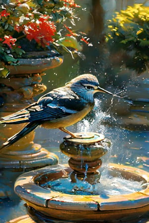 masterpiece, top quality, best quality, official art, beautiful and aesthetic, extremely detailed.

Animal painting, slow motion, capturing a bird bathing in a fountain. The focus is on the intricate details of the bird's feathers, with a close-up, highly realistic approach. The scene highlights water droplets flying through the air and those being flicked off by the bird. This is an award-winning, highly detailed, and realistic artwork.
(Fountain) decorated with patterns that resemble embossing or engraving, giving it an antique appearance. It is colored in a stone-white, suggesting it may be made of stone.

Flower petals, warm light, lush greenery, distant blur. petite and Beautiful Hummingbird.
(close-up)(focus on bird's movement.)(Birdie with a splash.)