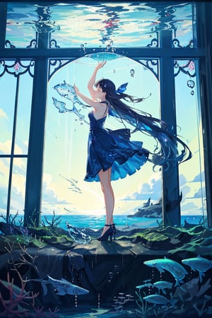 In a majestic glass house, where transparent walls harmonize with the ocean's serenity, a petite girl with vibrant blue curls stands at the edge of the vast window. Her slender hand delicately presses against the cool glass as she gazes in wonder at the mesmerizing raindrops. Each droplet dances and swirls into whimsical shapes, refracting light and casting tiny rainbows across her upturned face.

The underwater world outside is a kaleidoscope of blues and greens, with the beautiful whale's shadow looming. As the sunlight filters through the glass, it casts an ethereal glow on the scene below, where schools of fish dart and seaweed sway in harmony with the ocean's rhythms.

lost in the magic of the rain-kissed glass and the secrets of the sea.
(Fantasy painting, delicate anime, overhead scene, solo girl.)(Delicate, glistening droplets of water.)