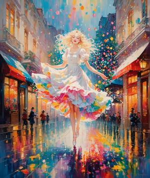 (solo girl.)(Skirt Sprinkled with Oil Paint)(the white street and girl contrasted with the vibrant oil paint raindrops.)(Correct body proportions, nice figure, elegant and beautiful body shape) Colorful oil paint raindrops falling from the sky. a snow-white street scene with a minimalist background. Pure white streets, pure white streetscapes. (A girl in a pure white dress dances in the rain, with splashes of colorful oil paint landing on her. )Her dance is elegant and dramatic, with a captivating, cute face, eyes closed, and smiling as she twirls. She has porcelain skin and light-colored hair, her nearly all-white appearance beautifully contrasted by the vibrant oil paint raindrops. beautiful girl in a fusion of Lolita and Victorian styles, with all-white clothing and all-white accessories. White skin, like a white porcelain doll. Exaggerated and dramatic dance movements.

Exquisite borders, decorations, ornamental frames