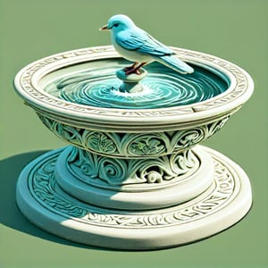 The image depicts a bird bath, which is a structure designed to provide water for birds to drink or bathe in. The bird bath is ornately decorated with patterns that resemble embossing or engraving, giving it an antique appearance. It is colored in a stone-white, suggesting it may be made of stone. The bowl of the bath contains water, and it's filled with rounded pebbles at its base, which could serve as a stable surface for birds. A bird is perched on the edge of the bath, indicating the function of the object. 
(European Fountain, Artwork, Renaissance, Sculpture. cute birds.)
(isometric, miniature, tilt shift, Th3Dru1d5.) birds are bathing.
