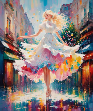 (solo girl.)(Skirt Sprinkled with Oil Paint)(the white street and girl contrasted with the vibrant oil paint raindrops.) Colorful oil paint raindrops falling from the sky. a snow-white street scene with a minimalist background. Pure white streets, pure white streetscapes. (A girl in a pure white dress dances in the rain, with splashes of colorful oil paint landing on her. )Her dance is elegant and dramatic, with a captivating, cute face, eyes closed, and smiling as she twirls. She has porcelain skin and light-colored hair, her nearly all-white appearance beautifully contrasted by the vibrant oil paint raindrops. beautiful girl in a fusion of Lolita and Victorian styles, with all-white clothing and all-white accessories. White skin, like a white porcelain doll. Exaggerated and dramatic dance movements.

Exquisite borders, decorations, ornamental frames