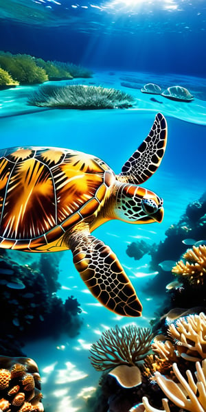 (enormous sea turtle)(beautiful young girl)(Turtle shell with fine details)
Behold a breathtaking aerial view of a picturesque scene. A beautiful young girl leisurely rests with closed eyes on the back of an enormous sea turtle. The girl is on the turtle, and they swim together. The pristine waters offer a glimpse of the vibrant underwater world brimming with tropical fish and coral reefs, creating a romantic and vivid ambiance that enchants the senses.

From the vantage point above, the scene unfolds with a sense of awe-inspiring beauty. The azure waters glisten with crystal clarity, allowing a mesmerizing view of the ocean floor below. Sunlight penetrates the depths, illuminating the diverse marine life and casting a magical glow on the surroundings.
