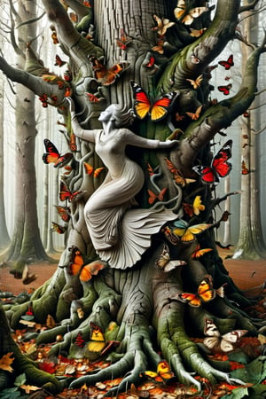 Photorealistic forest landscape with towering, densely packed tree trunks in an autumnal setting. The tree trunks have cracked bark, and there is a graceful woman with butterflies all over her body, camouflaged in colors and textures similar to the forest, like a chameleon. She is visible but also blends in with the chaos. high resolution and contrast and colour contrast,  intricately textured and extremely subtle detailed, detailmaster2,  side-light,  ultra quality,  fine artwork ,more detail XL