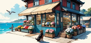  (A flower shop)(cute sleeping dog)(sea view) A flower shop with a view of the sea, devoid of people, featuring a sleeping dog adding to the warm and cute atmosphere. The weather is sunny with seagulls flying in the distance. The flower shop is a wooden house with an awning and flower display racks, depicted in a vintage, nostalgic, Japanese cartoon style. The scene feels like an inviting flower shop flyer, evoking a sense of charm and tranquility. CuteStyle. by Conrad Roset, Pino Daeni, Jeremy Mann, Alex Maleev, 16k resolution, alexander mcqueen, John William Waterhouse Rudolf hausner, daniel f. Gerhartz, watercolor